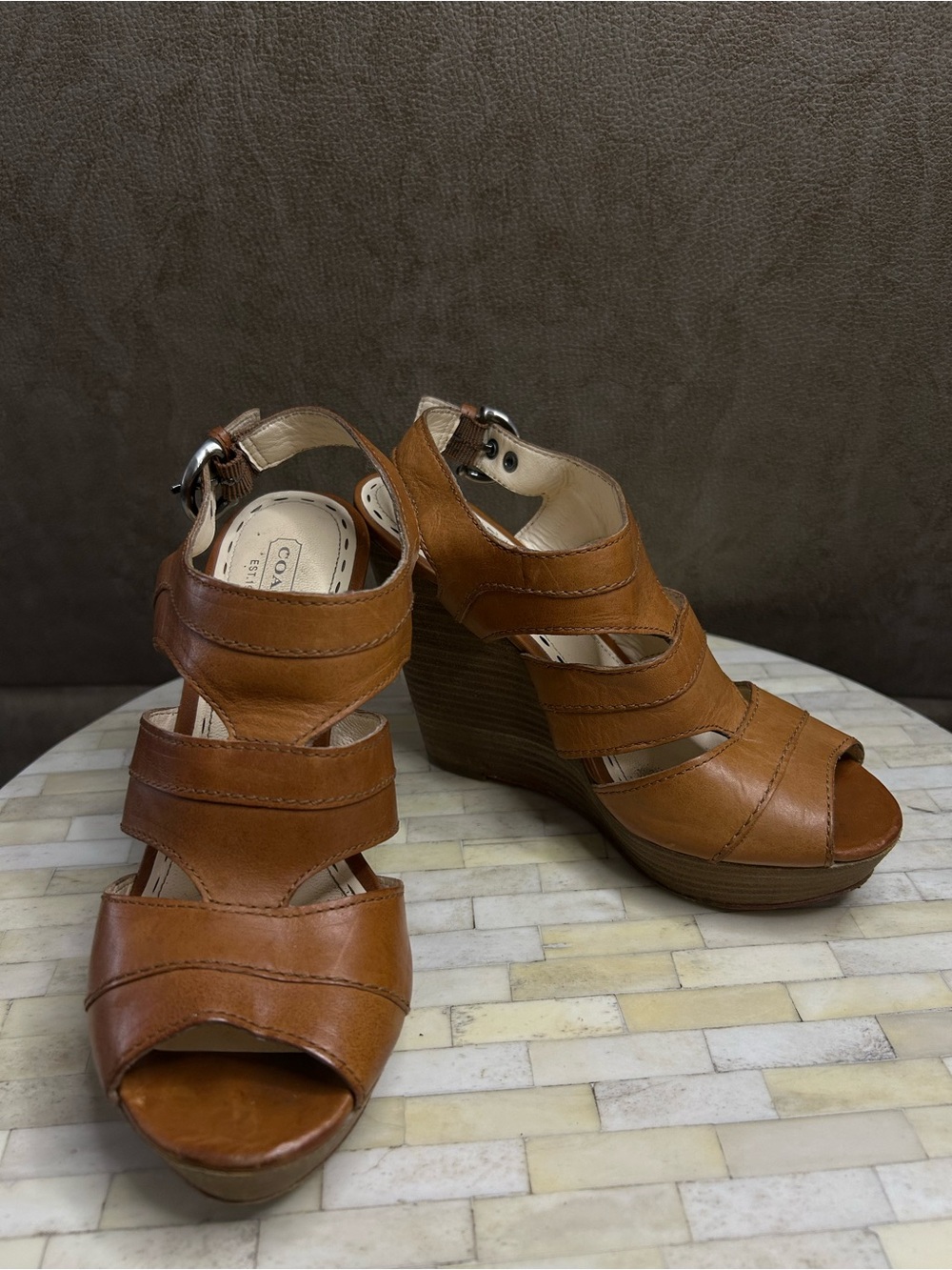 Coach Jazlyn tan leather wedge sandals size 7